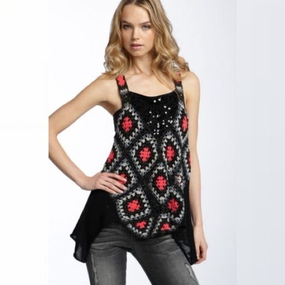Free People Women's Black Granny Square Crochet Racerback Tank Top Size Small